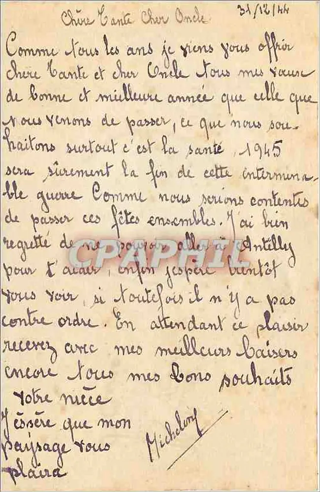 Village enneigé — décor de gui et de houx — carte de vœux manuscrite - Verso