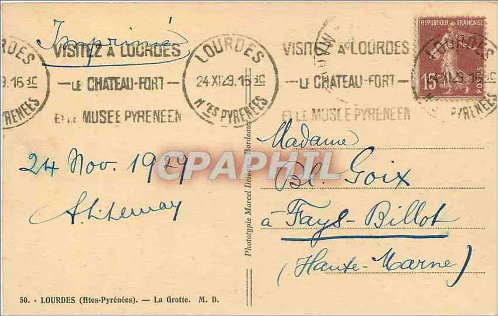 Lourdes — A Gruta — Fototipia Marcel Dujardin - Verso