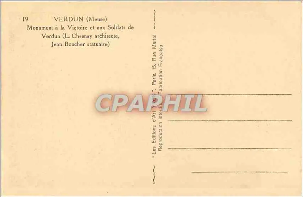 Verdun (Meuse) — Denkmal für den Sieg und die Soldaten von Verdun — Verleger Yvon, Nr. 19 - Rückseite