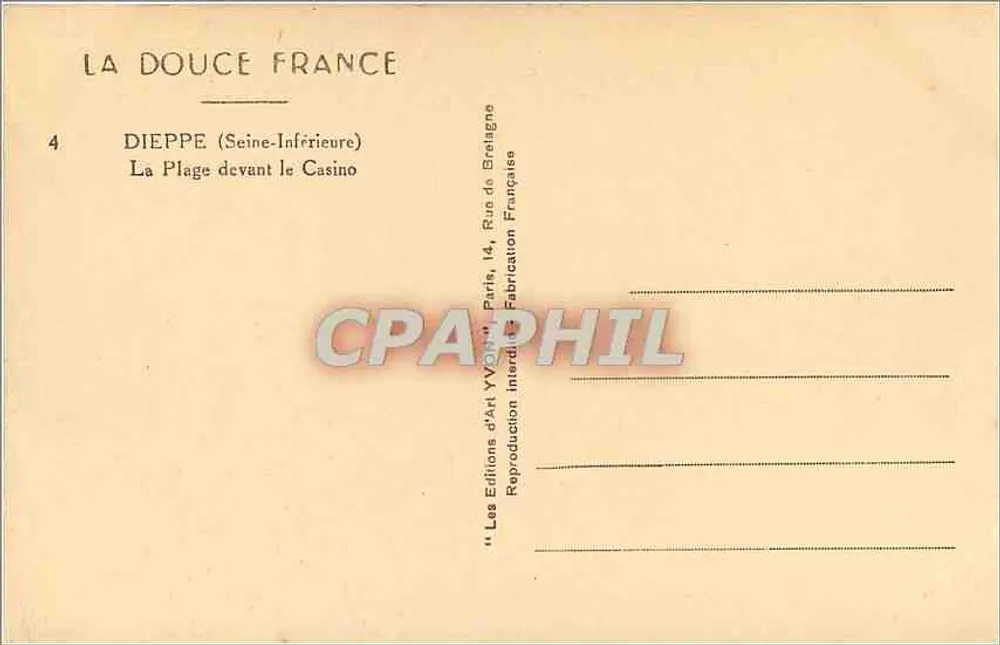 Dieppe (Seine-Inférieure) — La Plage devant le Casino — Les Éditions d'Art Yvon, Paris - Verso
