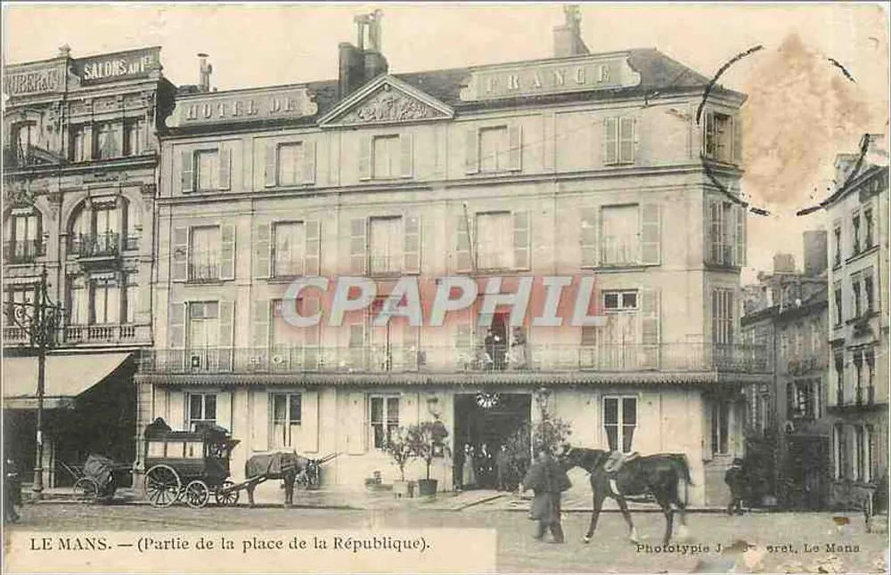 Le Mans — Partie de la place de la République — Hôtel de France, éditeur Phototypie J. eret, Le Mans - Recto