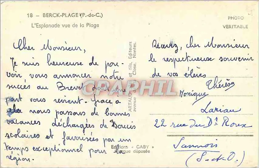 Berck-Plage (P.-de-C.) — The Esplanade Viewed from the Beach — Publishers ARTAUD & Cie, Nantes - Back