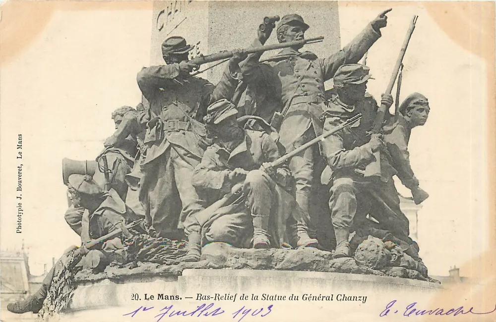 Le Mans — Bas-relief da Estátua do Geral Chanzy — Fototipia J. Bouveret, Le Mans - Frente