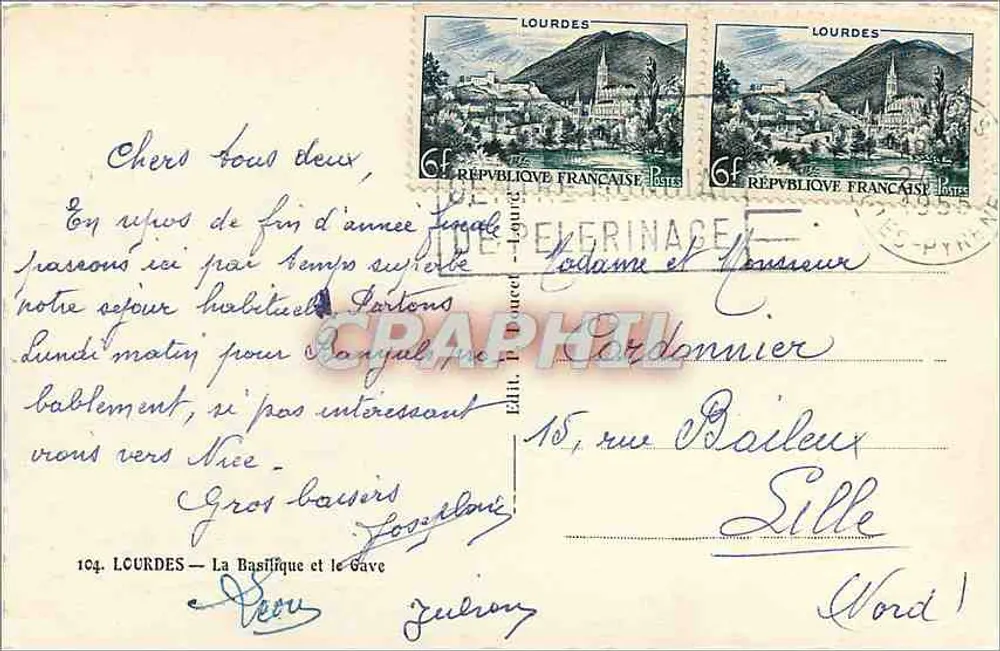 Lourdes — A Basílica e o Gave — Editor P. Dourcet, n° 104 - Verso