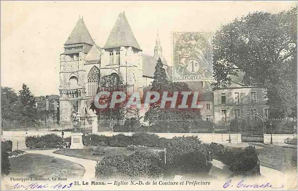 Le Mans — Église N.-D. de la Couture et Préfecture — Phototypie J. Bouverel, Le Mans - Recto
