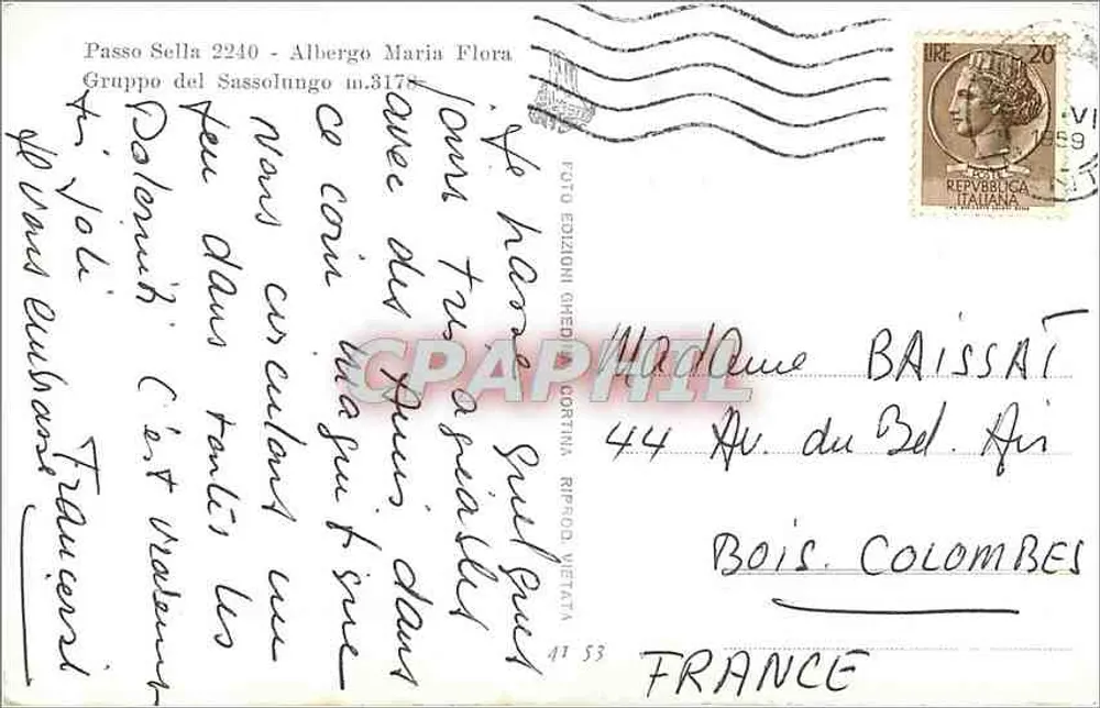 Passo Sella — Albergo Maria Flora — Editore Foto Edizioni Gheddi, n° 41 53 - Verso