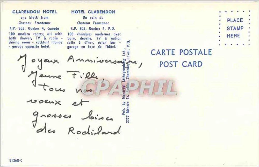 Clarendon Hotel — Québec, Kanada — Verlag Montée St. Aubin, Chomedey, P.Q. - Rückseite