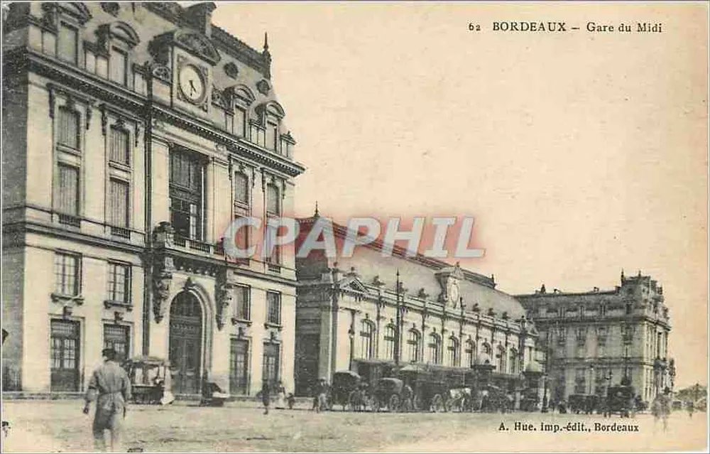 Bordeaux – Estação do Meio-dia – vista do edifício e da praça – A. Hue, imp.-edit., Bordeaux - Frente