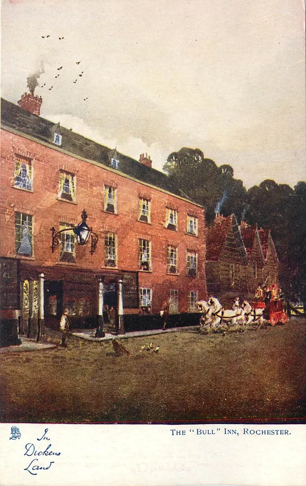 Das "Bull" Inn, Rochester — Ansicht des Gebäudes mit Kutsche — Sr. Dickens Land - Vorderseite
