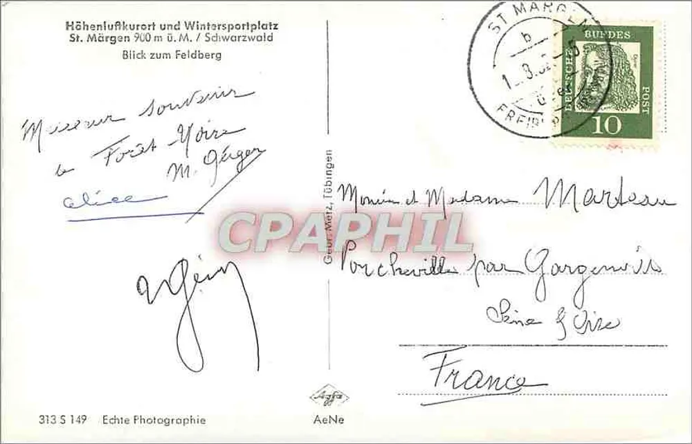 St. Märgen — Ansicht des Feldbergs — Verlag AeNe, Nr. 313 S 149 - Rückseite