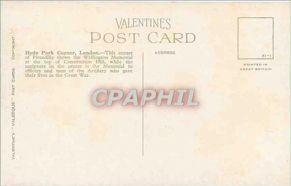 Hyde Park Corner, Londres — vista da praça com o monumento de Wellington e o memorial dos artilheiros — Cartão Postal Valentine's n°38692 - Verso