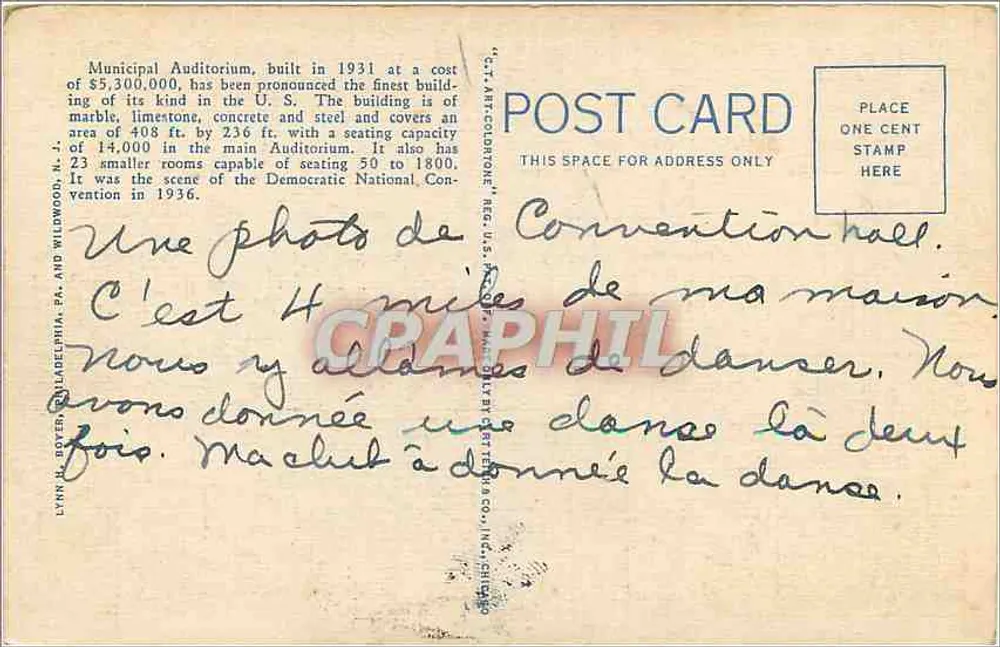 Municipal Auditorium und Convention Hall, Philadelphia, PA. — Verlag: Lynn M. Doven & Wildwood, N.Y. — Seriennummer: 6A-H422 - Rückseite