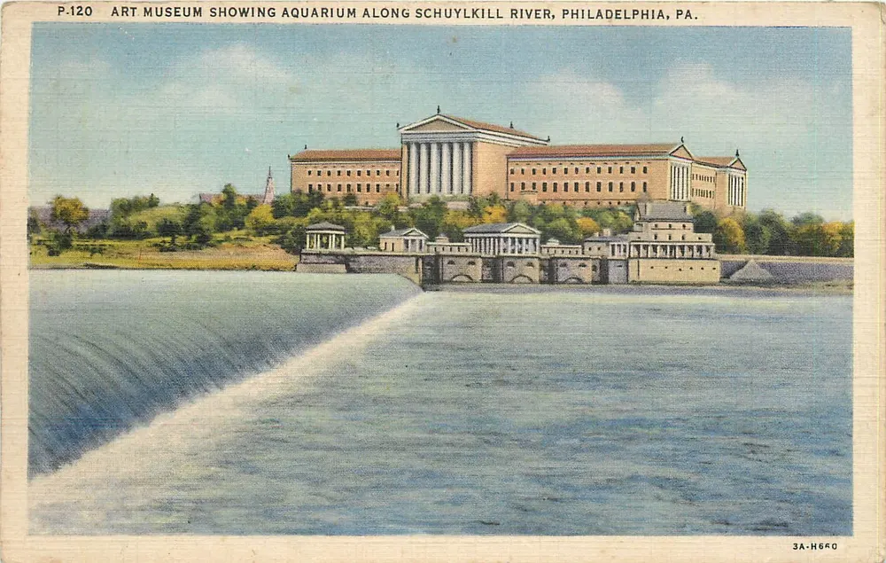 Kunstmuseum mit Aquarienansicht entlang des Schuylkill Rivers, Philadelphia, PA. — P.120 — Verlag Lynnhaven, N.J. - Vorderseite