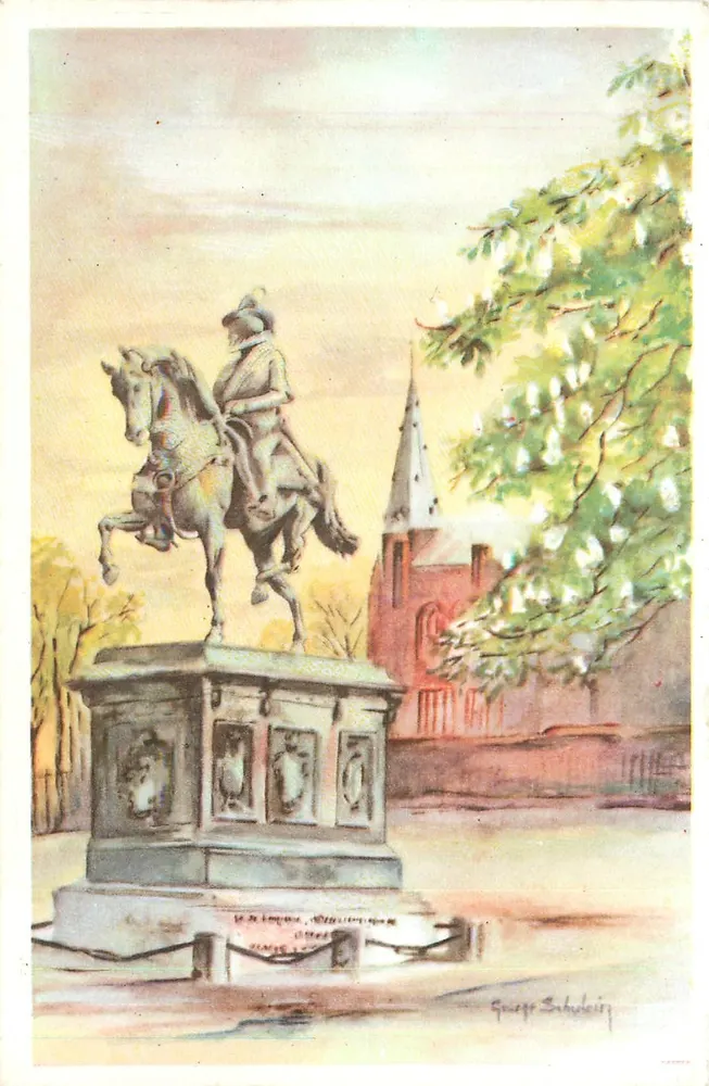 Statua equestre di Willem de Zwijger a La Haye — acquarello originale di George Schulein — edizione Amsterdam - Recto