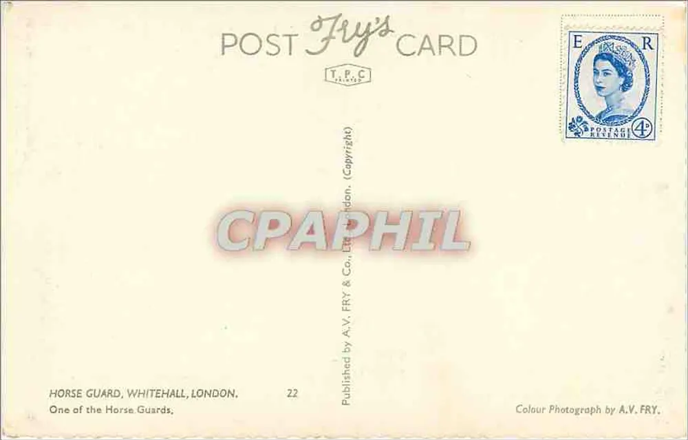 Gwardia Konna, Whitehall, Londyn — Jeden z Gwardii Konna — Wydawca A.V. Fry & Co. - Rewers