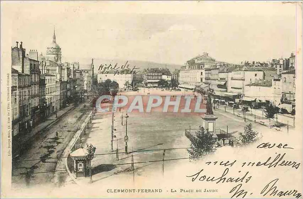 Clermont-Ferrand - A Praça de Jaude — vista panorâmica com estátua — editor: Éd. Douguet, Clermont-Ferrand - Frente