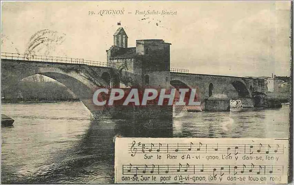 Avignon — Ponte Saint-Bénézet — vista da ponte sobre o Ródano com canção impressa - Frente