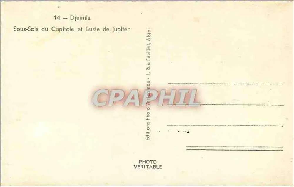 Djemila — Subsuelos del Capitulio y Busto de Júpiter — Ediciones Photo-Ateliers - Reverso