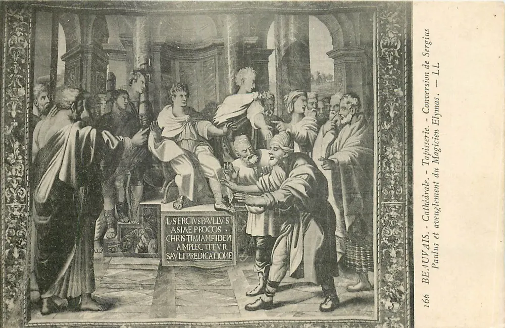 Conversión del mago Elymas — Tapiz de la Catedral — Paulus Sergius — LL - Anverso