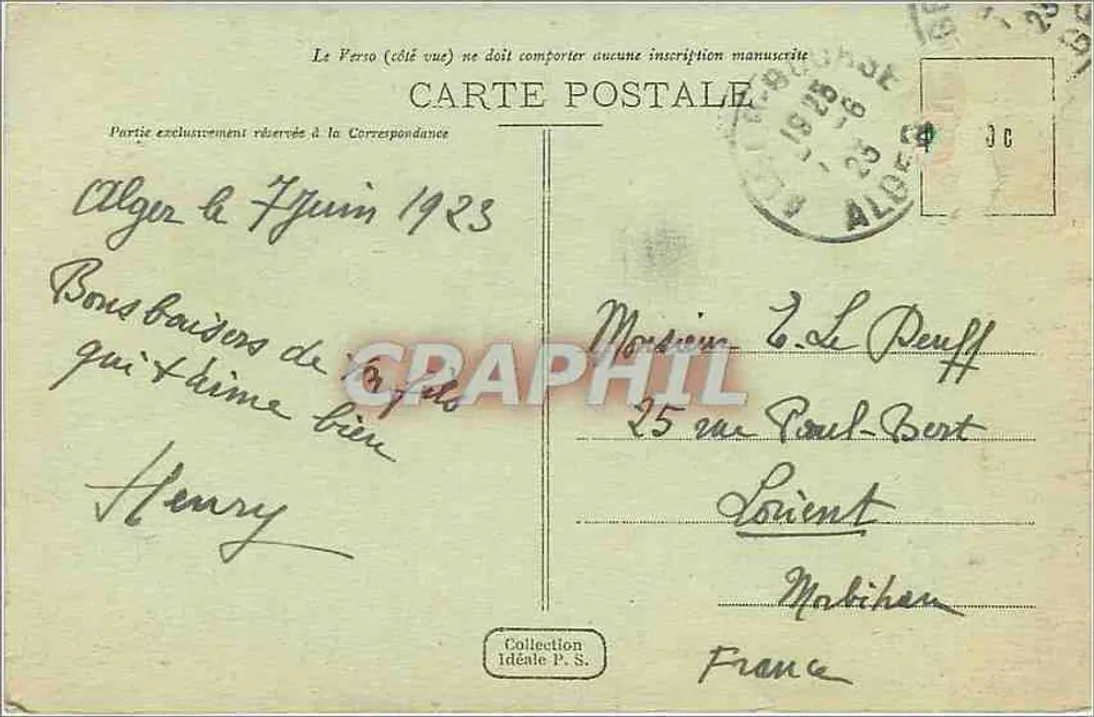 Algéro - Hôtel des Postes et Télégraphes — éditeur anonyme, n° de série non visible - Verso