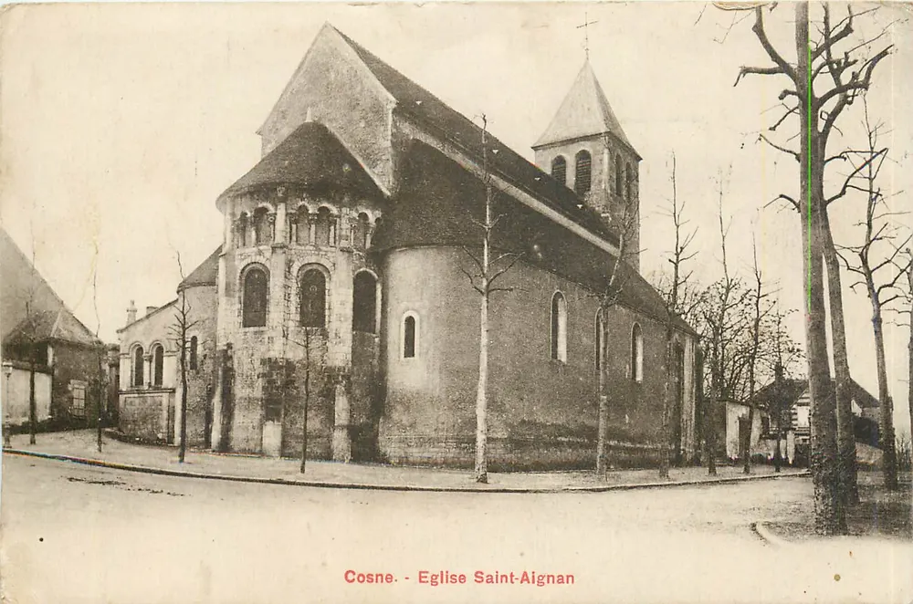 Cosne - Kerk van Sint Aignan — uitzicht op de romaanse kerk met kloostertoren en apsis, uitgever Simil-Imprimeur A. Besquet, Parijs - Voorkant