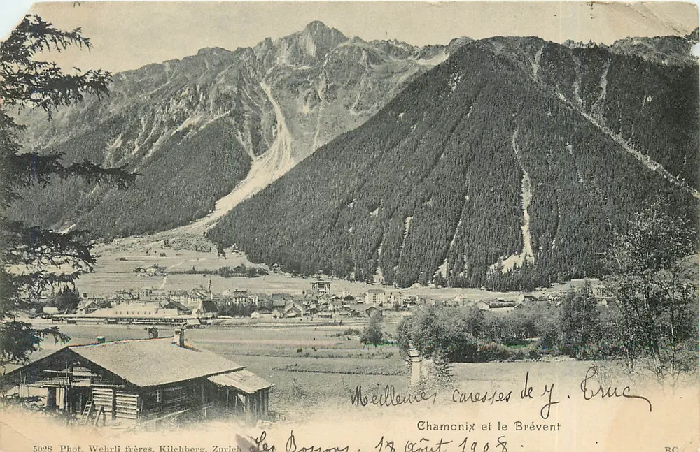 Chamonix et le Brévent — vue panoramique du village et des montagnes — Phot. Wehrli frères, Kilchberg, Zurich, n° 5028 - Frente