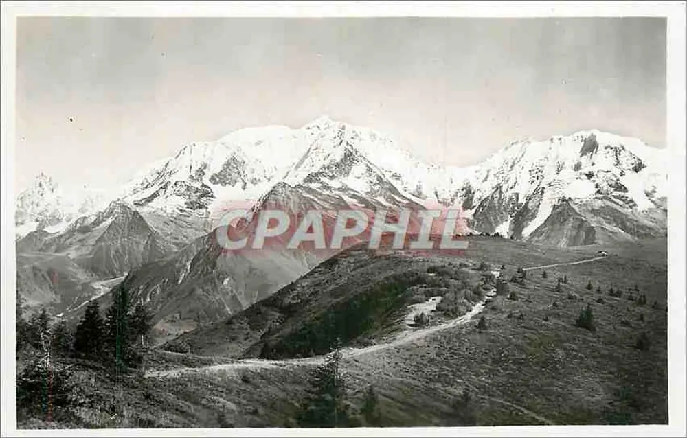 Le COL d'ARBOIS et la Chaîne du Mt-BLANC — L. MORAND, Print. Mt. Megève (Île Savoie) - Recto
