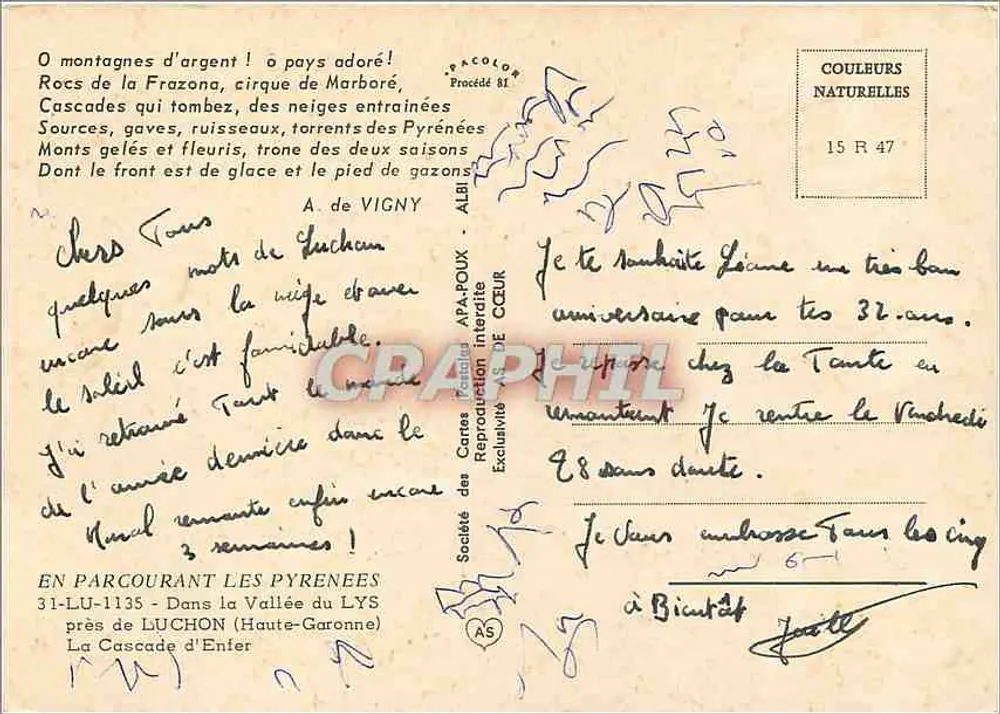 Cascade d'Enfer — Tal des Lys — Haute-Garonne — Gesellschaft der Kartenpostkarten des Herzens - Rückseite