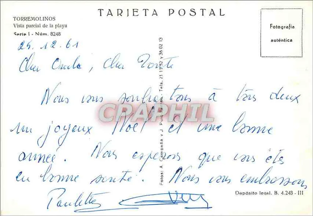 Torremolinos — Vista parcial de la playa — Tarjeta postal antigua, Serie I, Núm. 8248 - Reverso