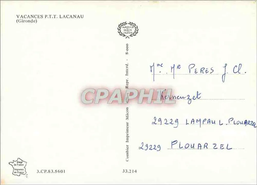 Férias P.T.T. Lacanau — Editor Combiblier, n° 3.CP.83.5601 - Verso