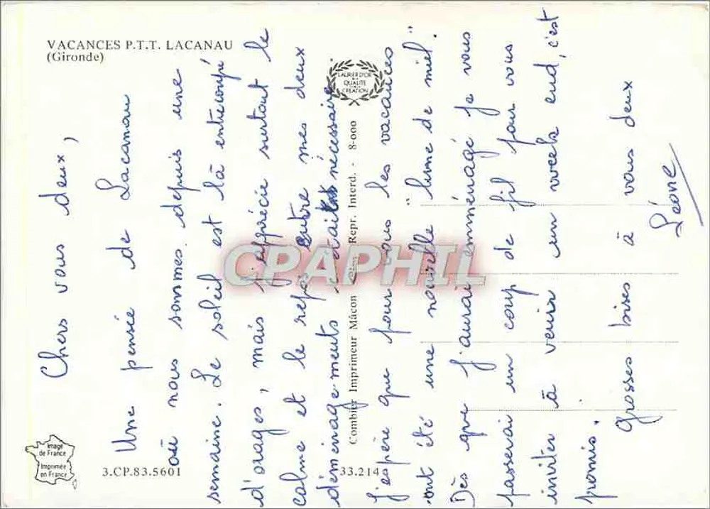 Férias P.T.T. Lacanau — Editor: Impressora Mâcon, n° 3.CP.83.5601 - Verso