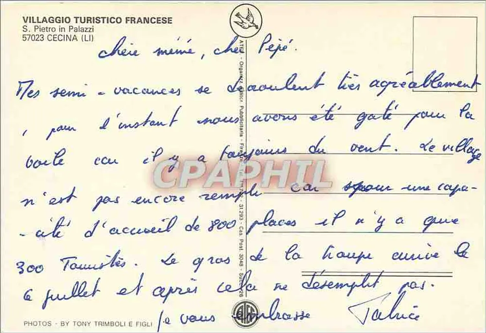 French village of Cecina — view of the sea, sail, water-ski — publisher Tony Trimboli e Figli - Back