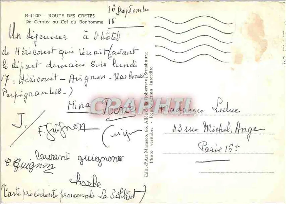 Route des Crêtes — Col du Bonhomme — Éd. d'Art Marasco, n° 431 - Rückseite