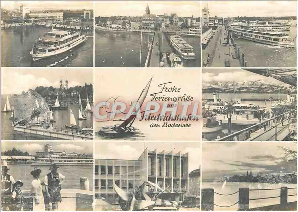 Frohe Feriengrüße aus Friedrichshafen am Bodensee — collages de scènes portuaires et de bateaux — éditeur Hersteller und Verleger Schönling & Co., Lübeck - Recto