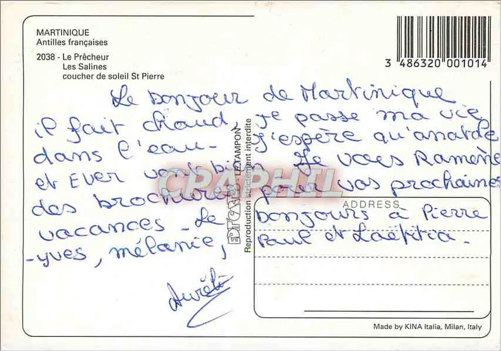 Lembrança de Martinica — cartão postal com mapa e fotos — editado por KINA Italia - Verso