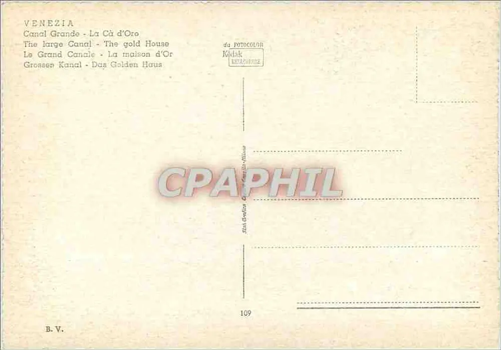 Veneza - A Ca' d'Oro no Grand Canal — editor Kodak, n° 109 - Verso