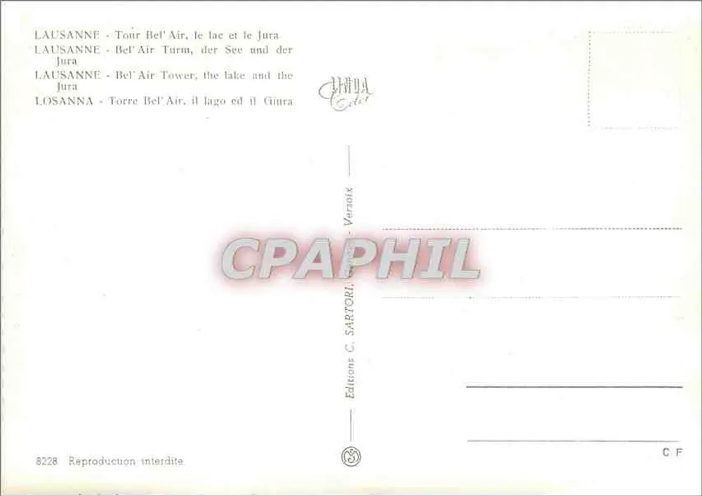 Lausanne - Turm Bel'Air, See und Jura — Editions C. Sartori, n° 8228 - Rückseite