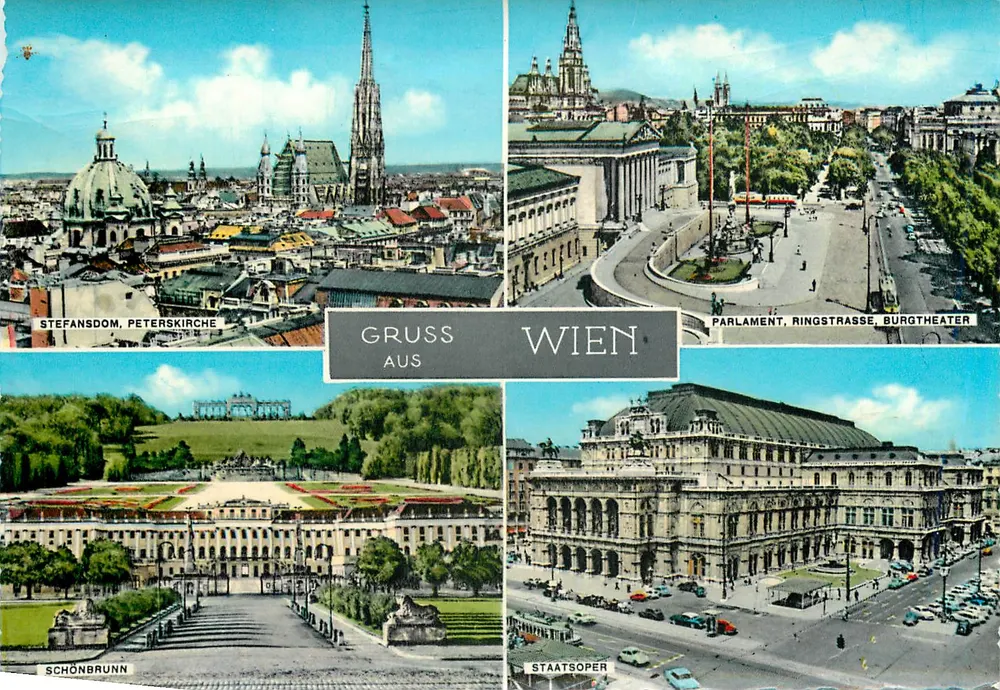 Viena — Vista panorâmica com Stefansdom, Peterskirche, Parlamento, Ringstraße, Burgtheater e Staatsoper — editor não identificado - Frente