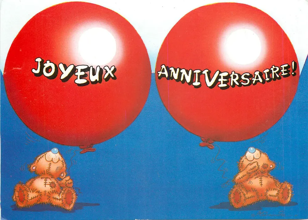 Dois balões vermelhos — 'JOYEUX ANNIVERSAIRE!' — Carte Blanche Greetings Ltd - Frente