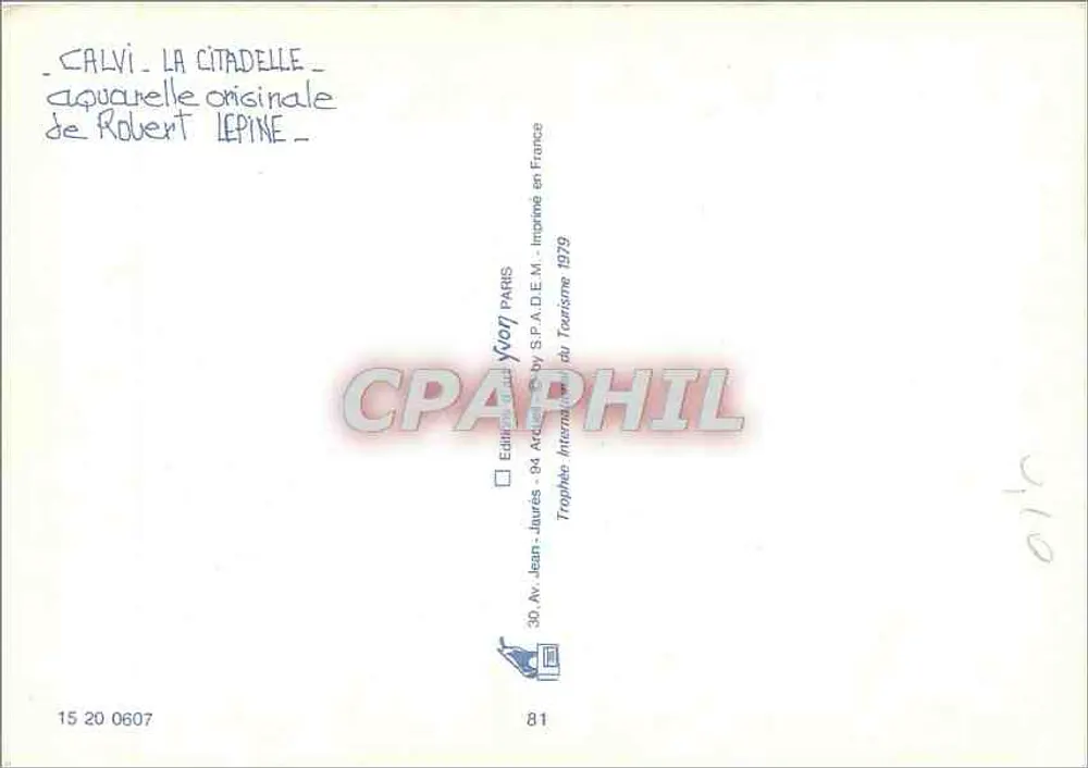 Calvi - A Cidadela — aquarela original de Robert Lepine — editada por S.P.A.D.E.M. em 1979 - Verso