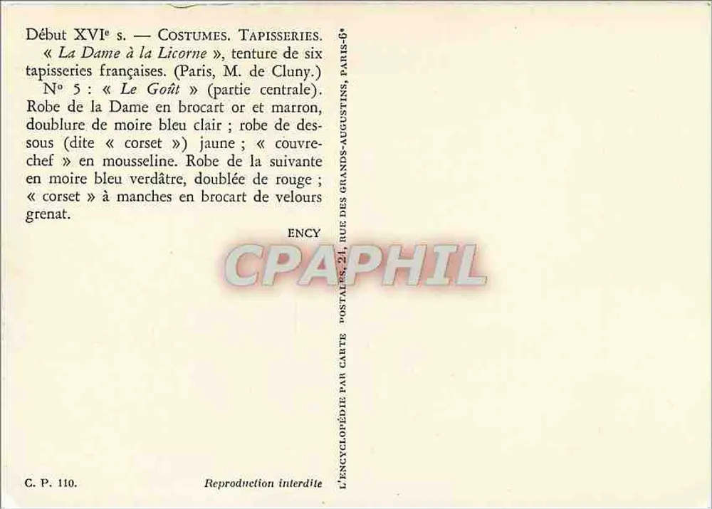 A Dama com a Licorne — Tapeçaria « O Gosto » — Início do século XVI — Editor: Ency, Rue des Grands-Augustins, Paris - Verso