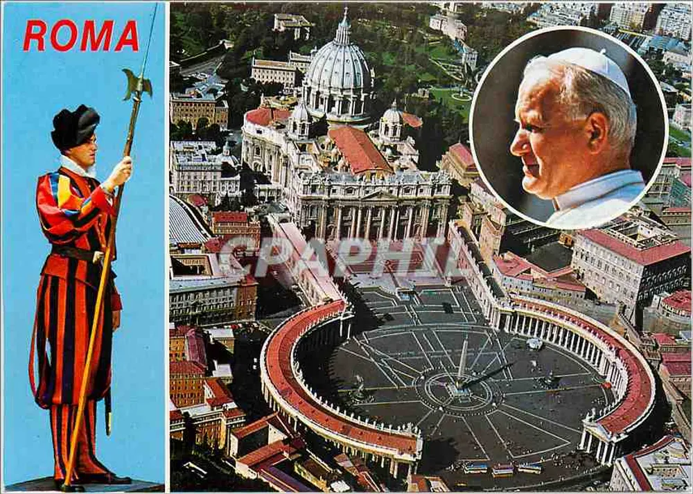 Roma — Luftbild der Piazza S. Pietro mit dem Vatikan und einem Schweizer Wächter — Graphiphia - Vorderseite