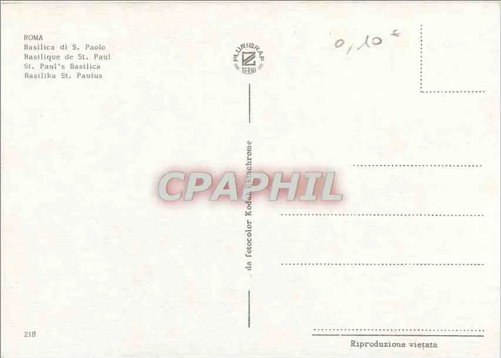 Basílica de São Paulo-fora-das-Murais — Roma — editor Plurigrafe Terni, n° 218 - Verso