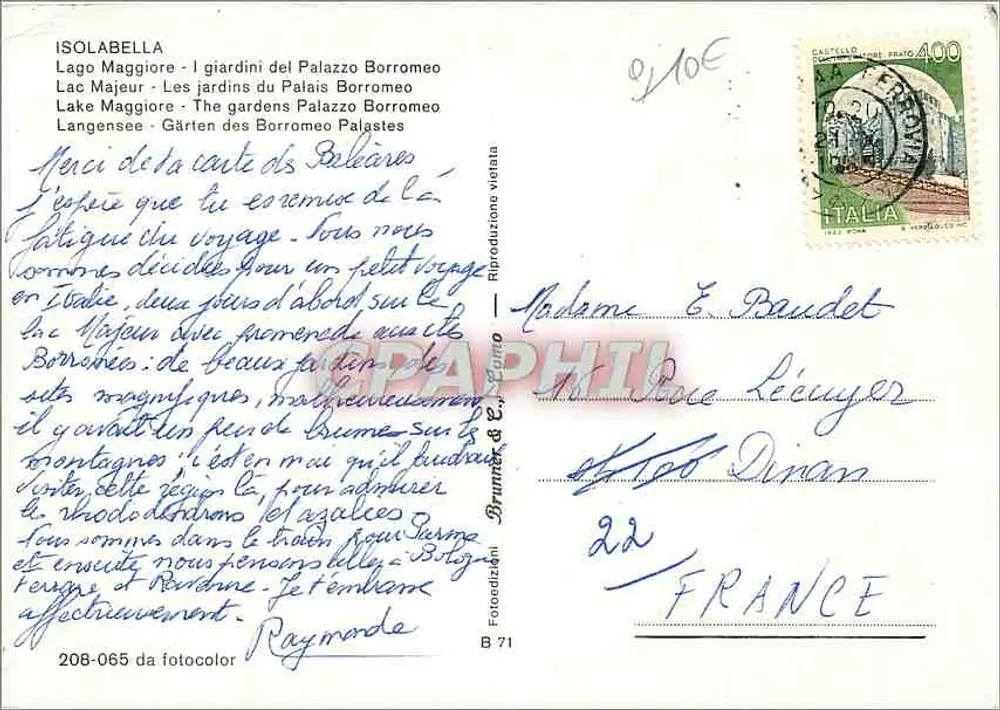 Isolabella - Gärten des Palazzo Borromeo — Lago Maggiore — Verlag Brunet & Cie, n° 208-065 - Rückseite