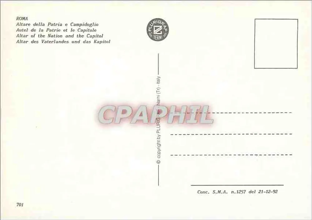 Altare della Patria en Campidoglio — Rome — uitgever PLURIGRAF TERNI, n° 701 - Achterkant