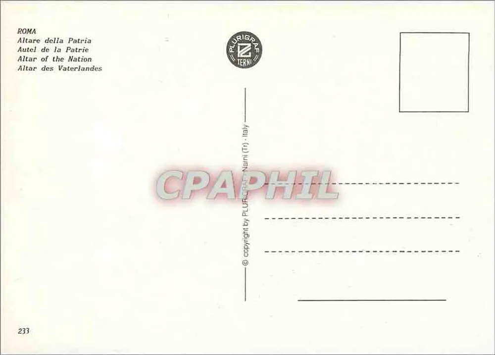 Roma — Altar da Pátria e Coluna do Imperador — editor PLURIDRAZERNI, n° 233 - Verso