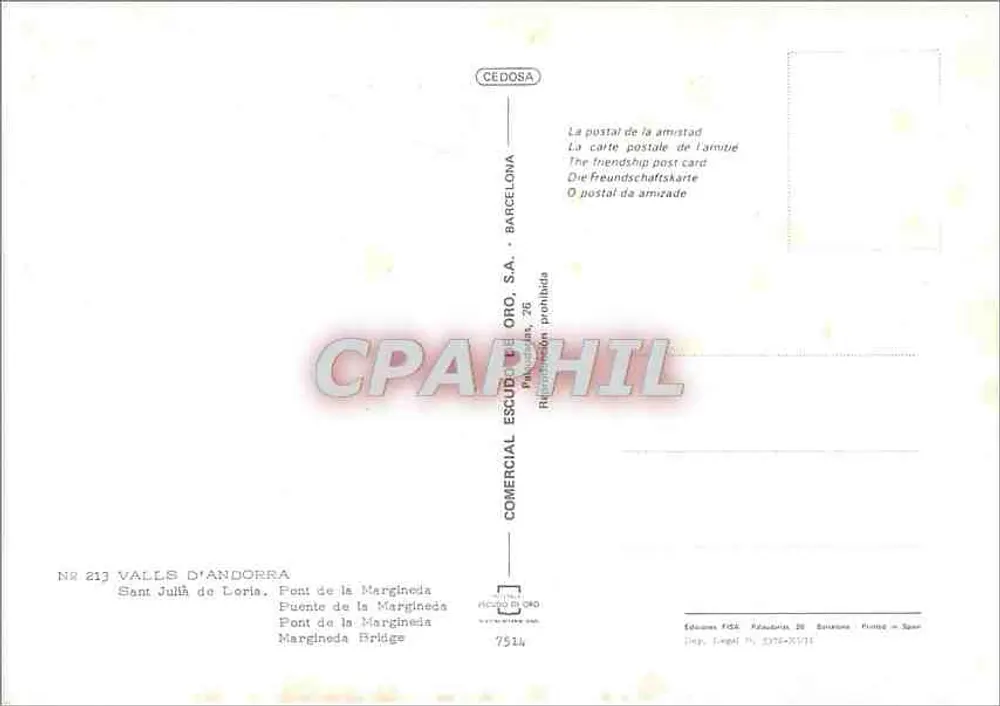 Brücke von La Margineda — Valls d'Andorre — Verlag: Comercial Escudo de Oro, S.A. - Rückseite
