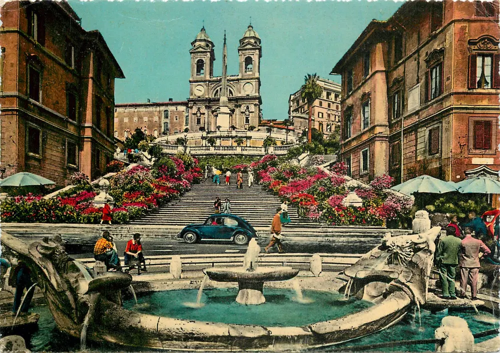 Rom — Treppen der Trinità dei Monti mit Fontäne - Vorderseite