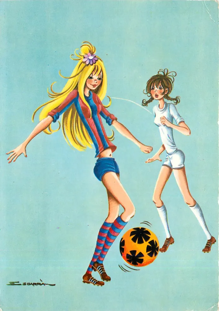 Dos jóvenes chicas jugando al fútbol — ilustración de E. Scarra — editor CERBER EDITORIAL - Anverso