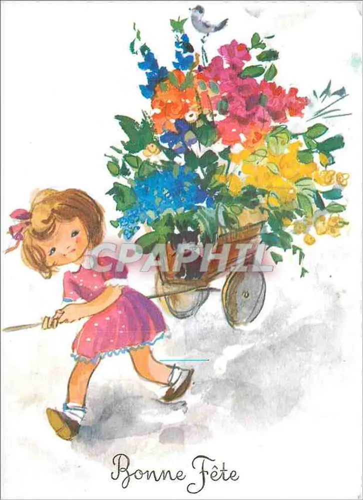 एक छोटी लड़की फूलों की गाड़ी के साथ — अच्छा त्योहार — BOTTEN-AQUARELL संख्या 0742 - आगे